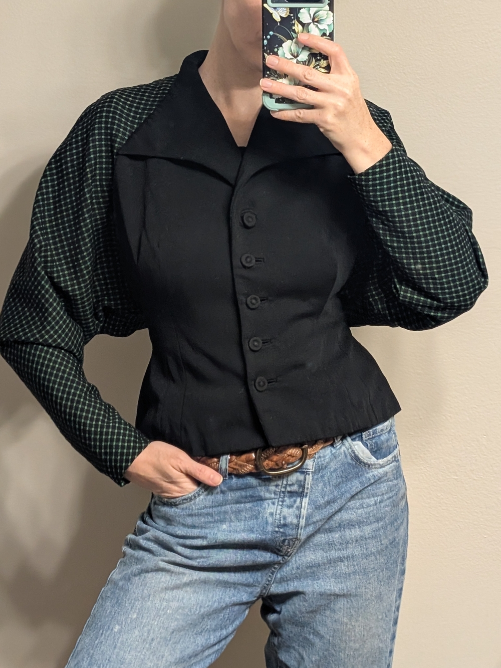 Vtg 40s Youthmore Original Green Black Checked Contrast Batwing Jacket Hourglass
